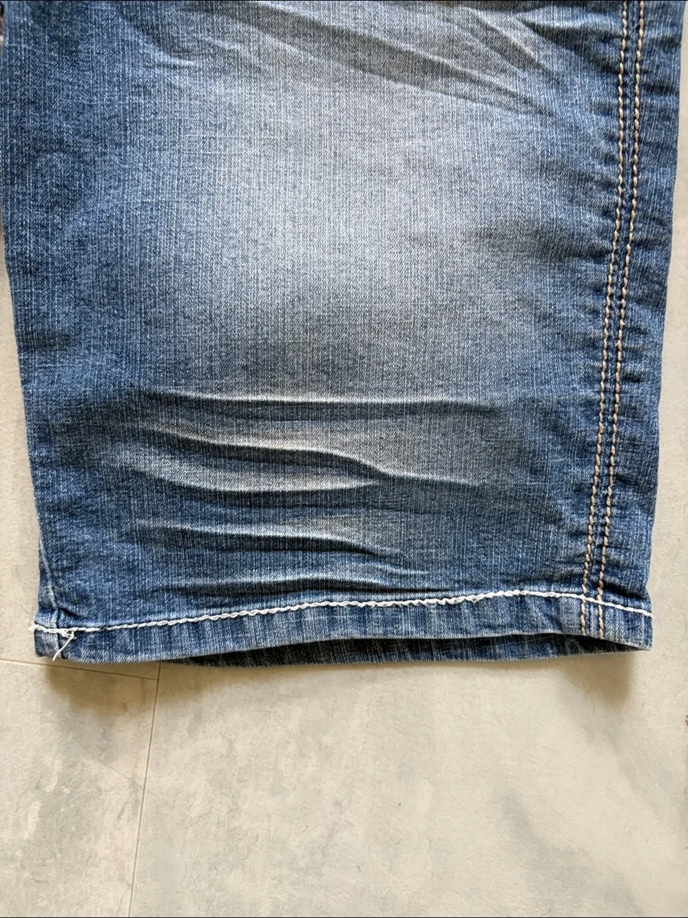 Rewash Blue Faded whiskered stretch Denim Bermuda Shorts/rhinestone studs  decor